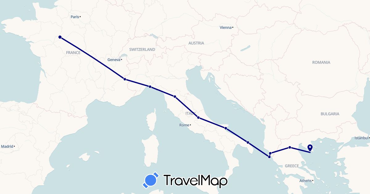 TravelMap itinerary: driving in Albania, France, Greece, Italy (Europe)
